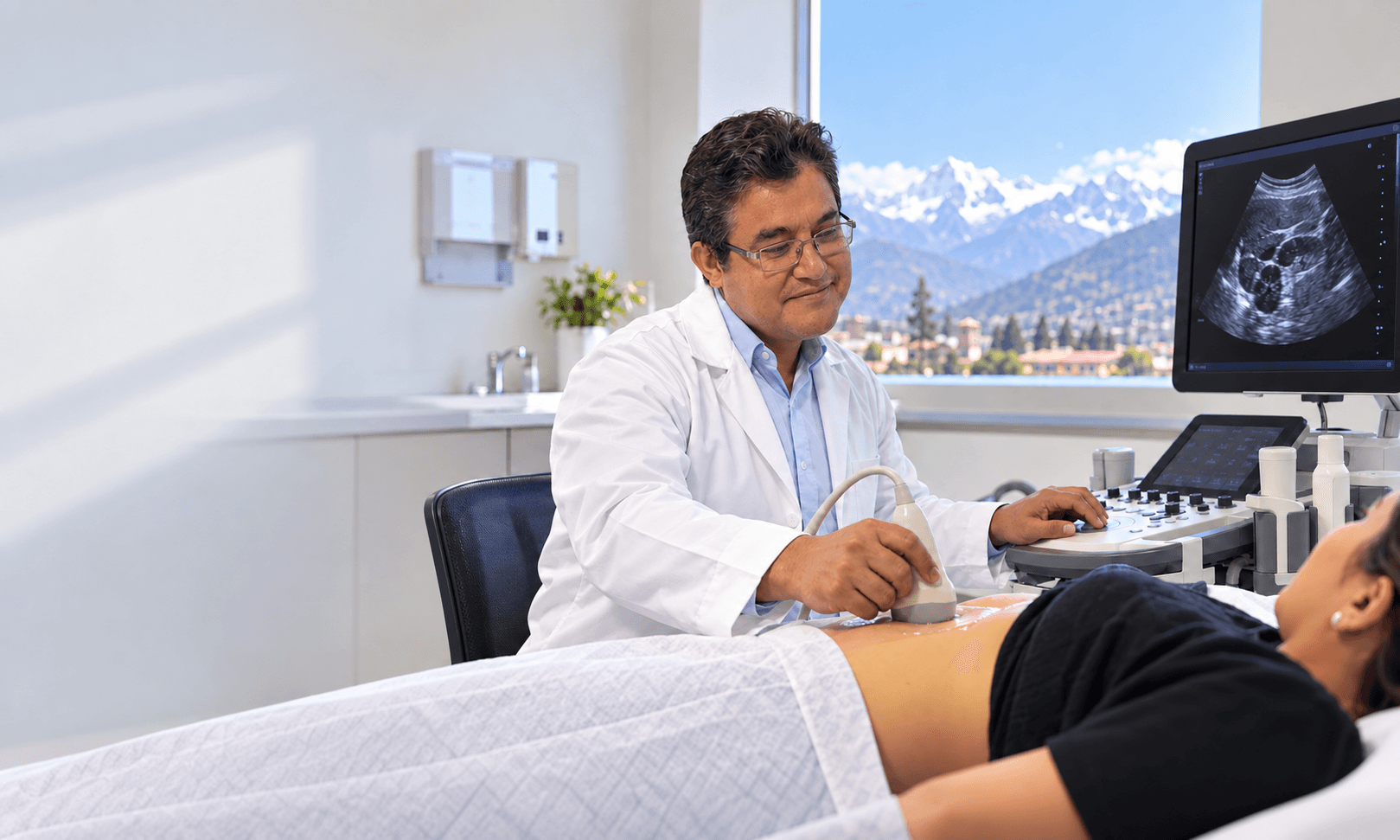 Dr. Carlos Reeves realizando una ecografía en un ambiente médico
