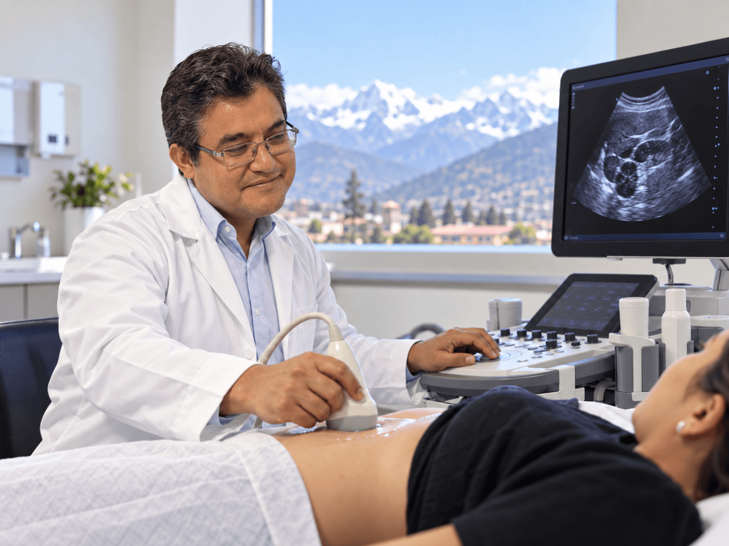 Dr. Carlos Reeves realizando una ecografía en un ambiente médico