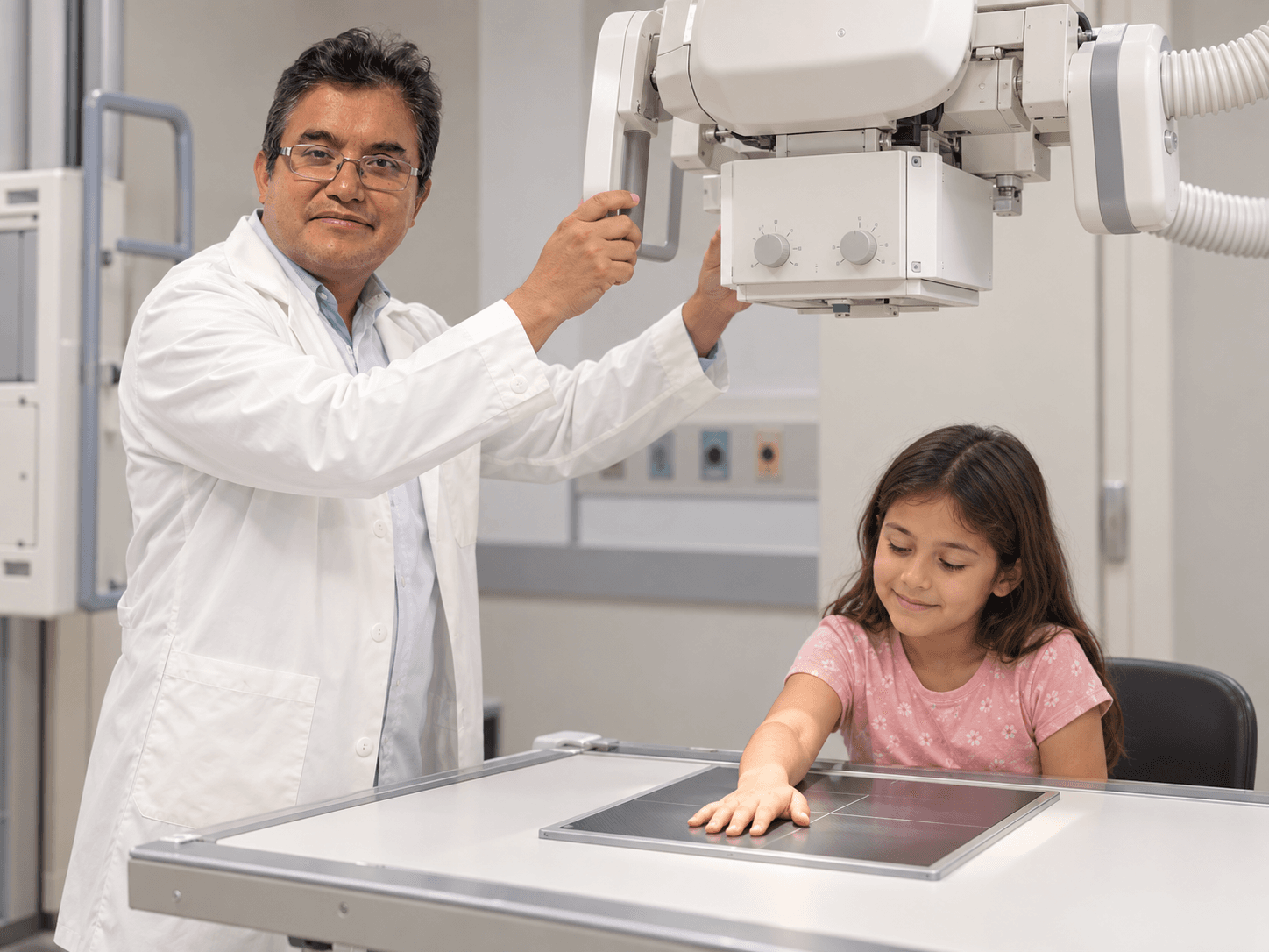 Dr. Carlos Reeves junto a un paciente en sala de rayos X