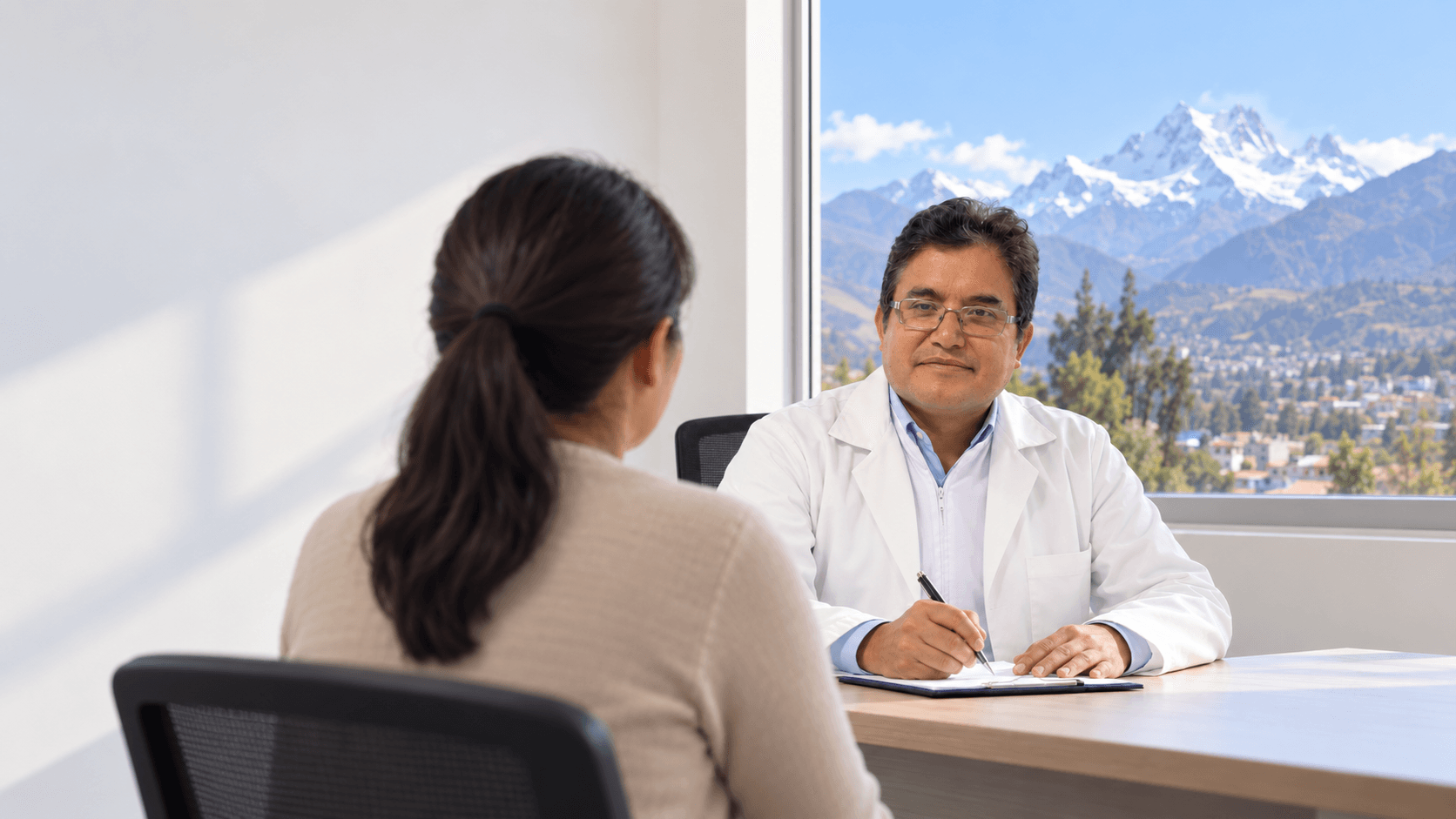 Dr. Carlos Reeves atendiendo a una paciente en consulta médica
