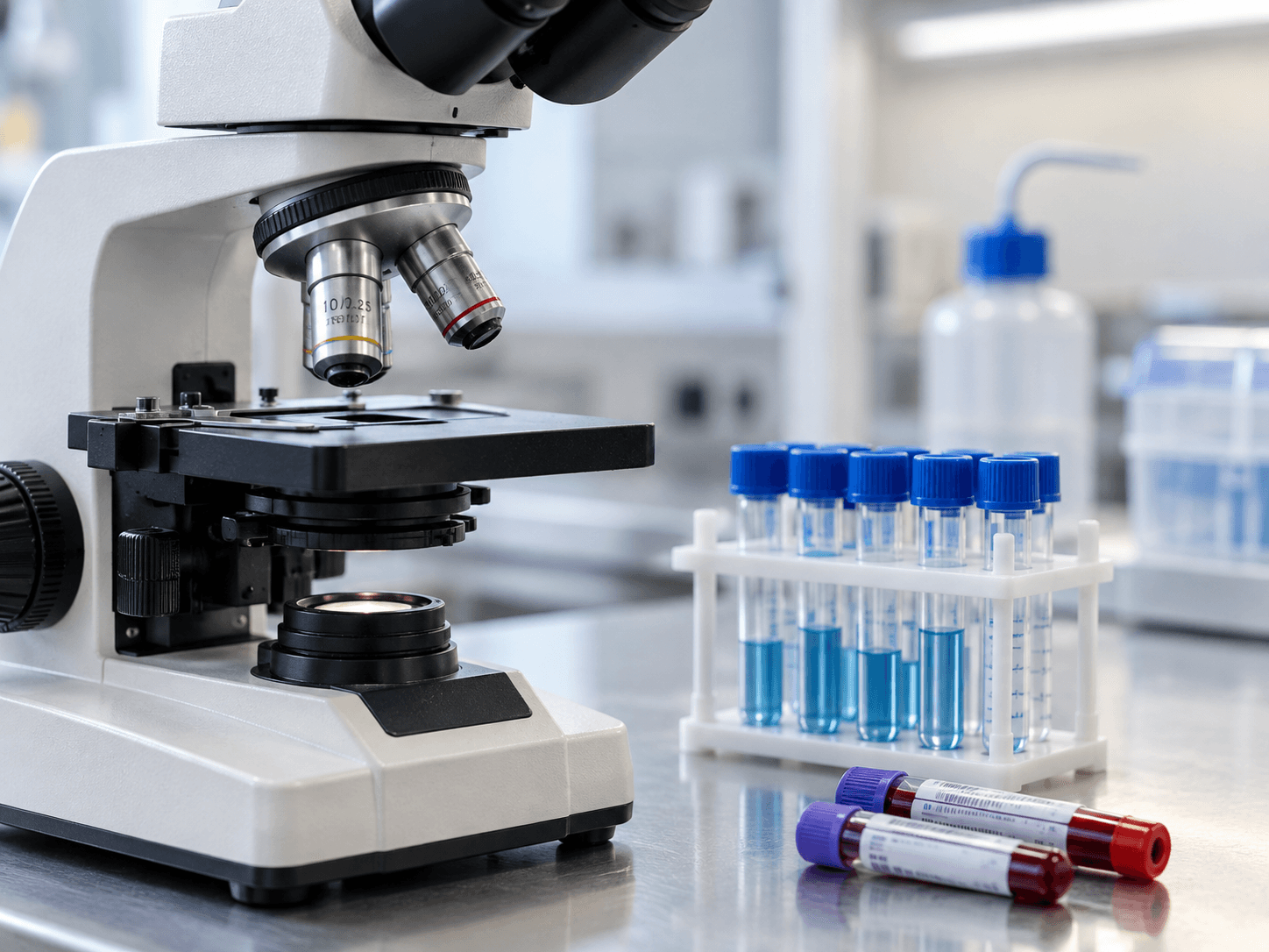 Microscopio y muestras de laboratorio clínico