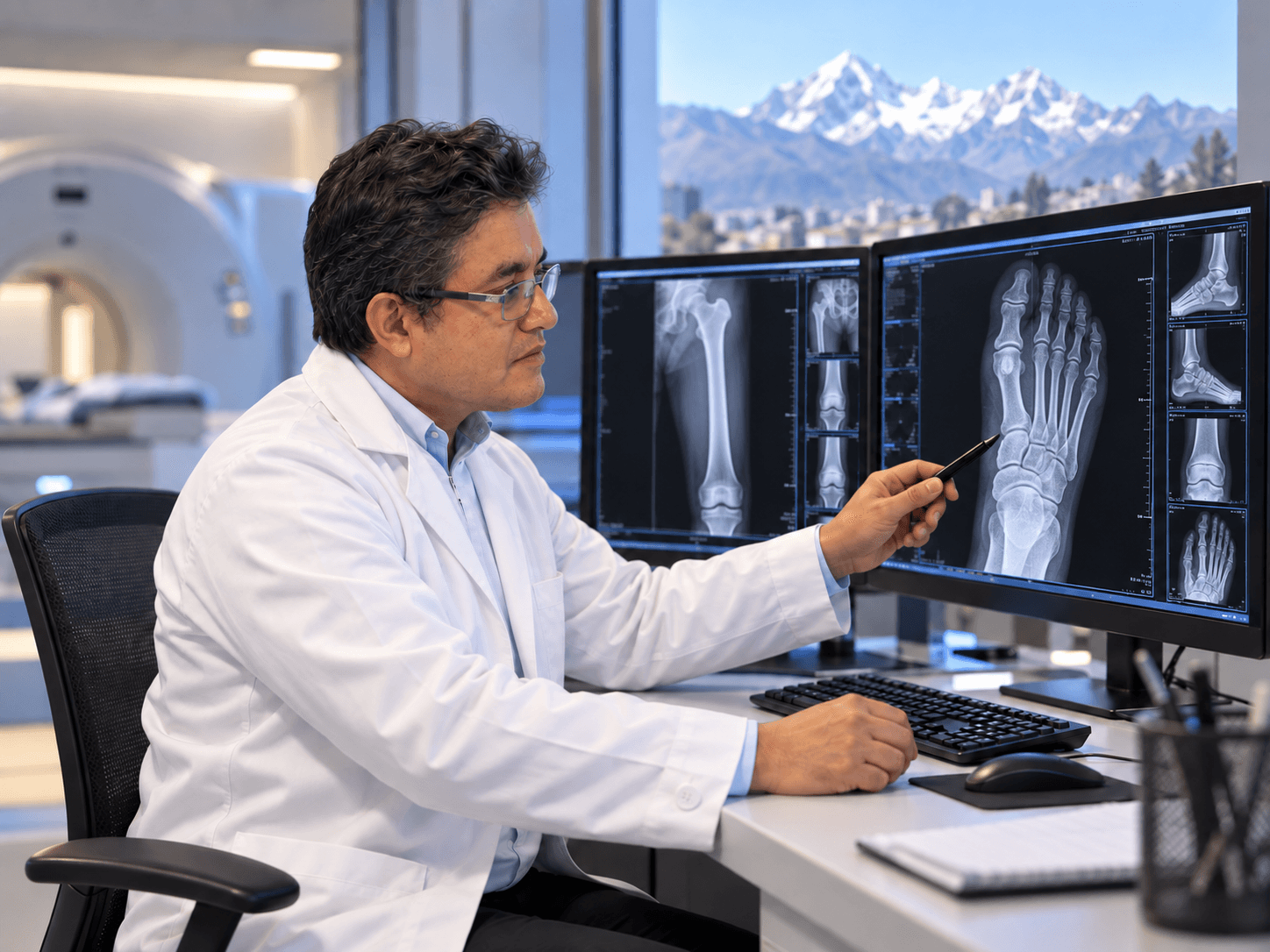 Dr. Carlos Reeves revisando radiografías de huesos del pie y la pierna